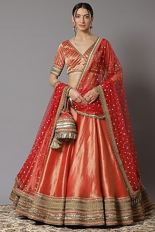 Red Embroidered Lehenga Set by Shikhar Sharma
