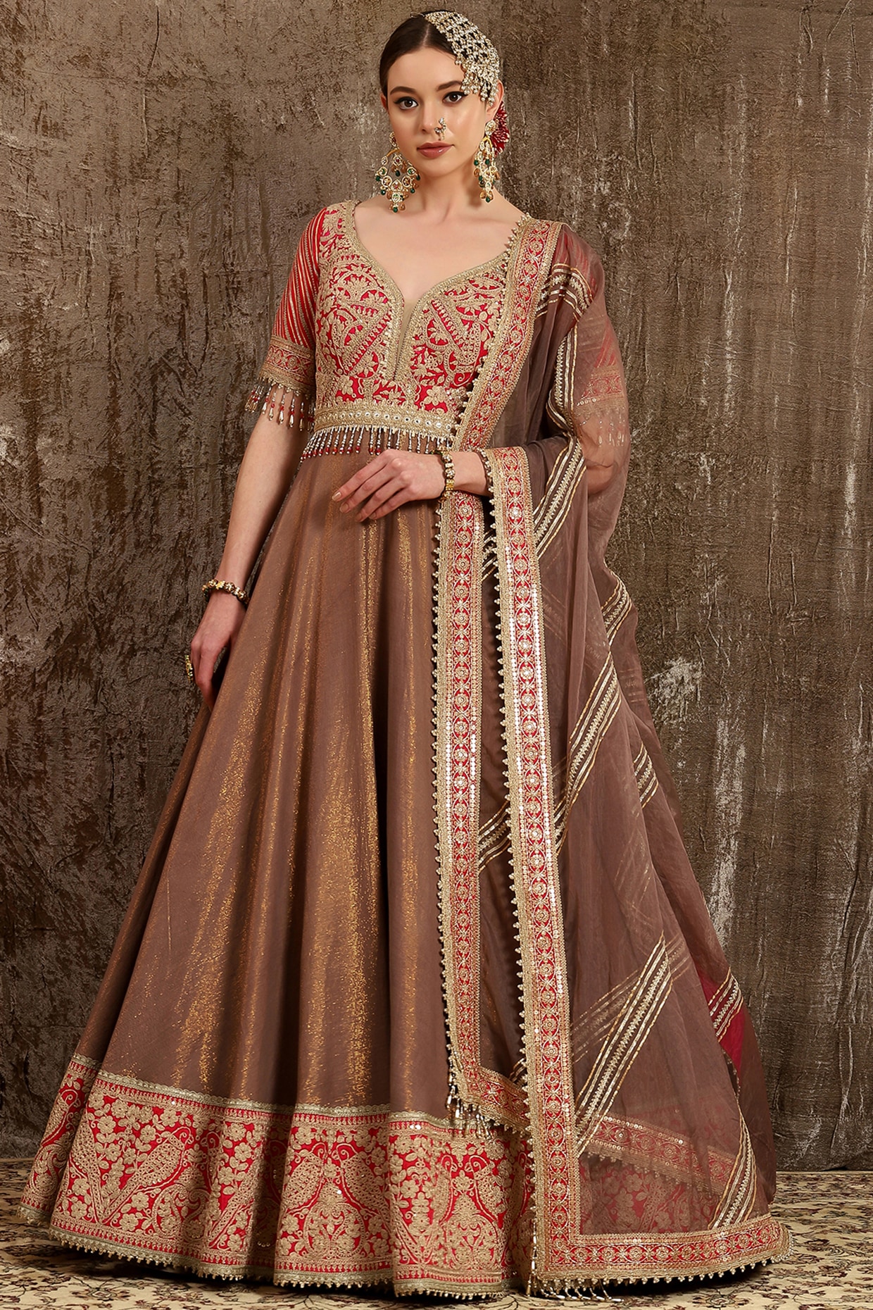 Shikhar Sharma Brown Hand & Machine Embroidered Anarkali Set
