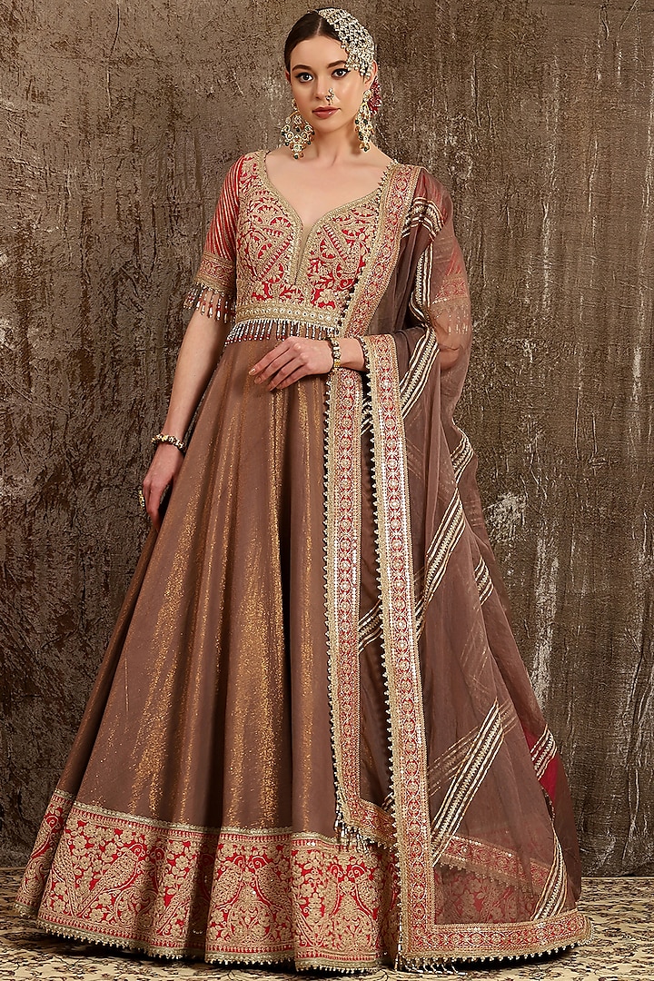 Brown Hand & Machine Embroidered Wedding Anarkali Set by Shikhar Sharma at Pernia's Pop Up Shop
