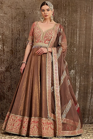Brown Hand & Machine Embroidered Anarkali Set by Shikhar Sharma