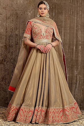 Light Brown Hand Embroidered Anarkali Set by Shikhar Sharma