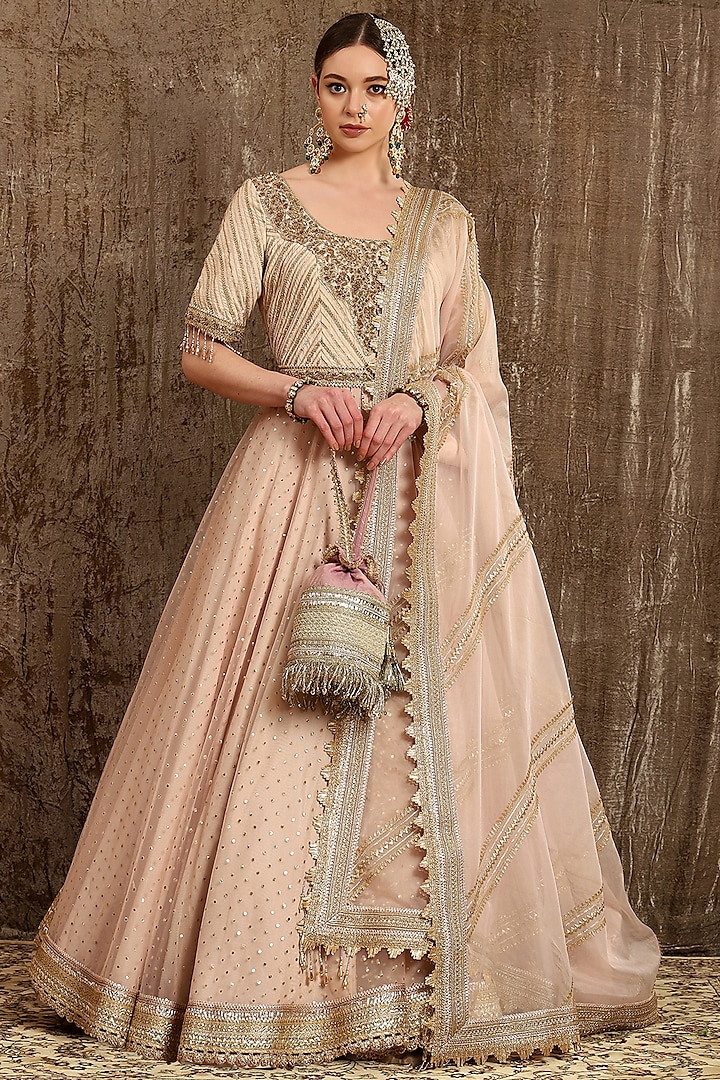 Light Peach Hand & Machine Embroidered Wedding Anarkali Set by Shikhar Sharma at Pernia's Pop Up Shop