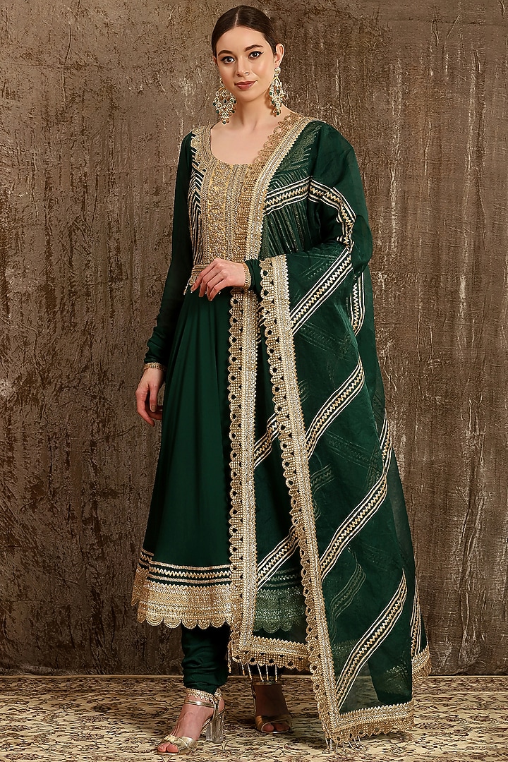 Emerald Green Hand & Machine Embroidered Wedding Anarkali Set by Shikhar Sharma at Pernia's Pop Up Shop