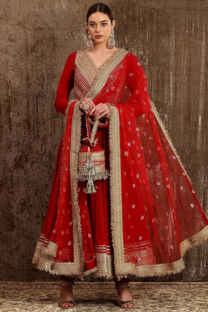 Red Zardosi Embroidered Wedding Anarkali Set by Shikhar Sharma at Pernia's Pop Up Shop