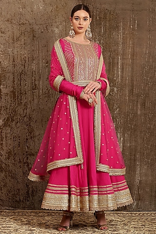 Fuchsia Zardosi Embroidered Anarkali Set by Shikhar Sharma