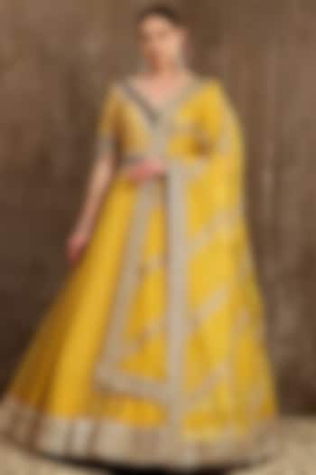 Yellow Embroidered Anarkali Set by Shikhar Sharma