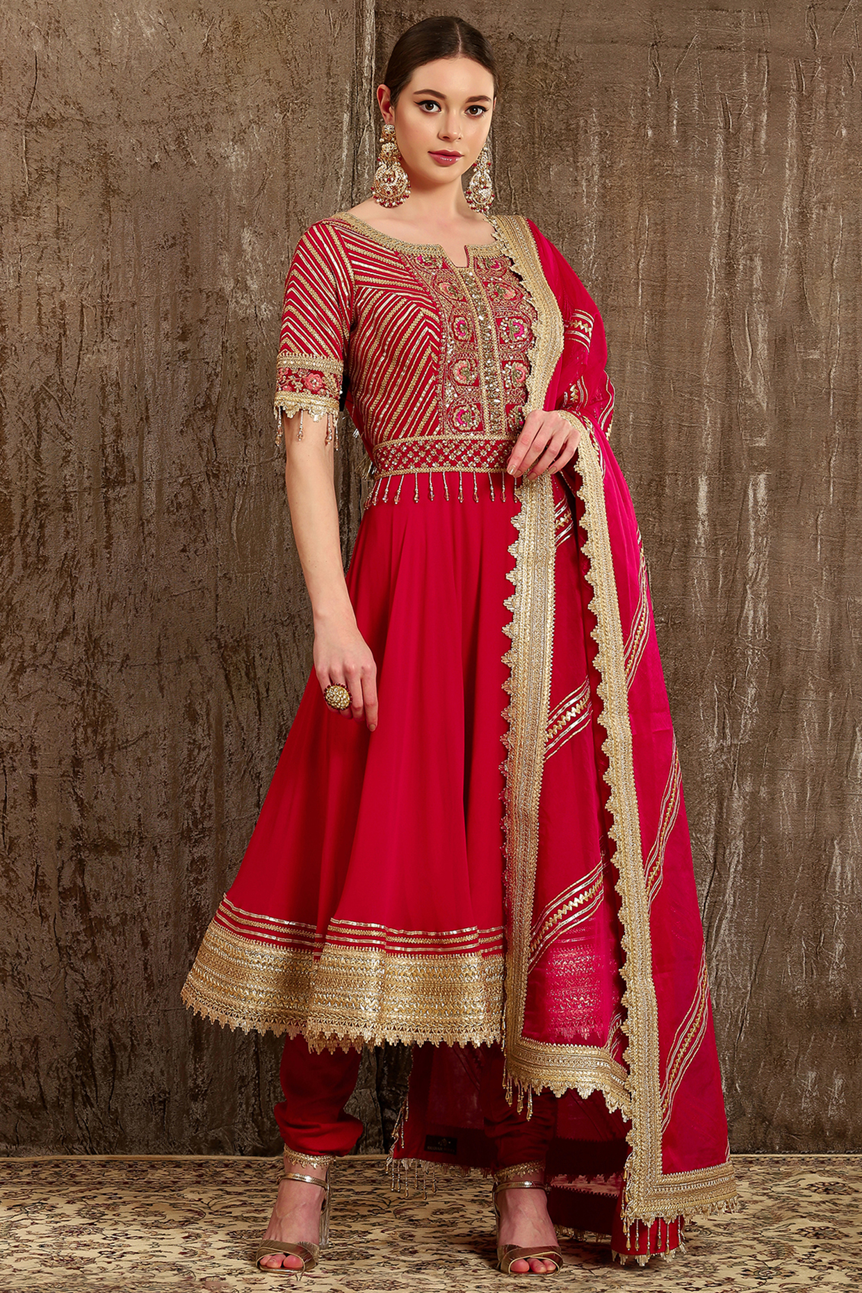 Fuchsia Red Hand & Machine Embroidered Anarkali Set by Shikhar Sharma