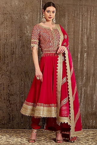 Fuchsia Red Hand & Machine Embroidered Anarkali Set by Shikhar Sharma