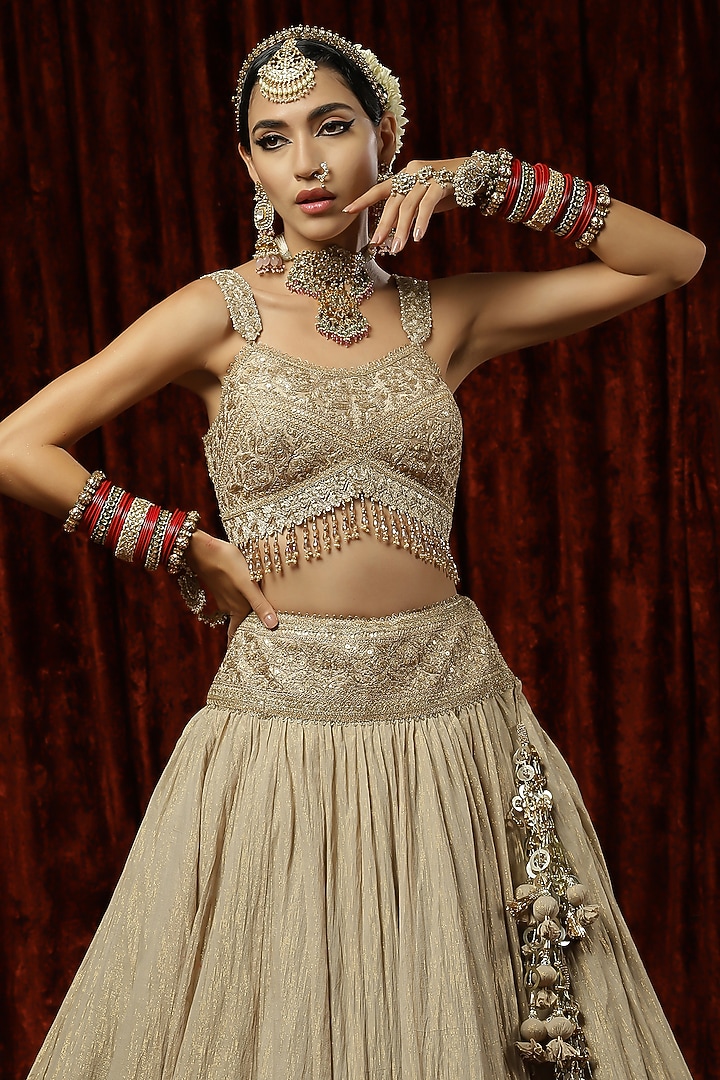 Light Gold Cotton Shimmer Chanderi Gota Wedding Lehenga Set by Shikhar Sharma at Pernia's Pop Up Shop