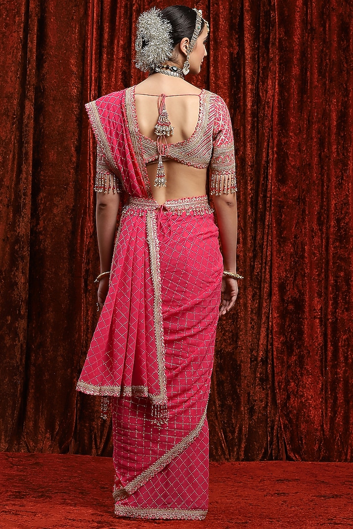 Rouge Pink Georgette Gota Work Wedding Saree Set by Shikhar Sharma at Pernia's Pop Up Shop