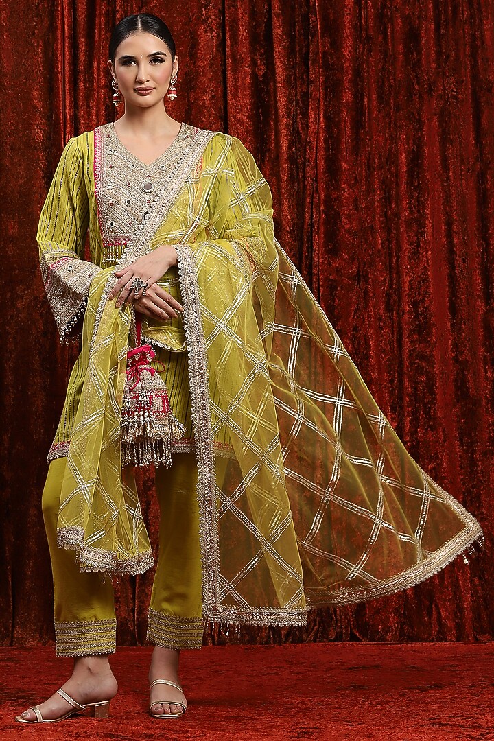 Lemon Green & Rani Pink Cotton Shimmer Gota Work Kurta Set by Shikhar Sharma at Pernia's Pop Up Shop