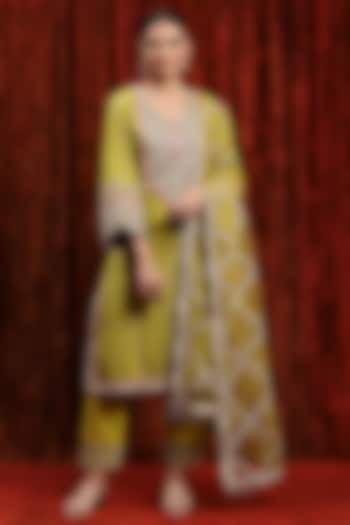 Lemon Green & Rani Pink Cotton Shimmer Gota Work Kurta Set by Shikhar Sharma at Pernia's Pop Up Shop