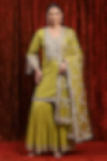 Lemon Green Silk Chanderi Party Wear Sharara Set by Shikhar Sharma at Pernia's Pop Up Shop