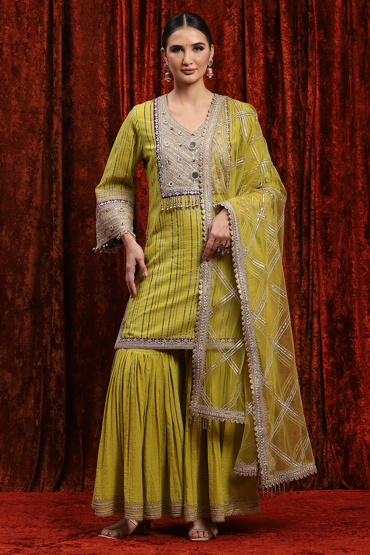 Lemon Green Silk Chanderi Party Wear Sharara Set by Shikhar Sharma at Pernia's Pop Up Shop