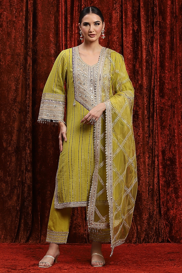 Lemon Green & Purple Cotton Shimmer Gota Embellished Kurta Set by Shikhar Sharma at Pernia's Pop Up Shop