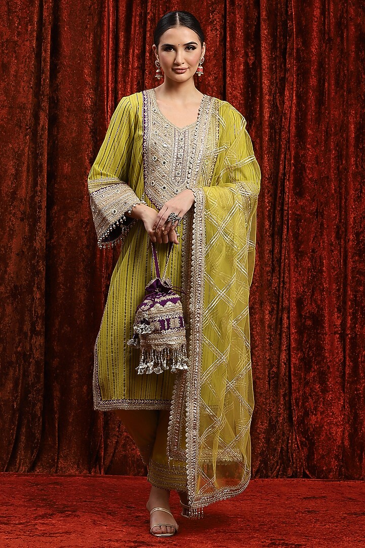Lemon Green & Purple Cotton Shimmer Gota Embellished Kurta Set by Shikhar Sharma at Pernia's Pop Up Shop