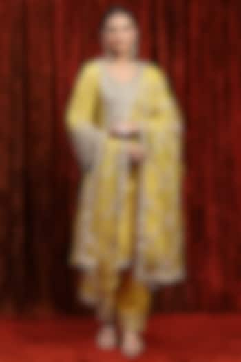 Lemon Yellow & Grey Cotton Shimmer Gota Work Kurta Set by Shikhar Sharma at Pernia's Pop Up Shop