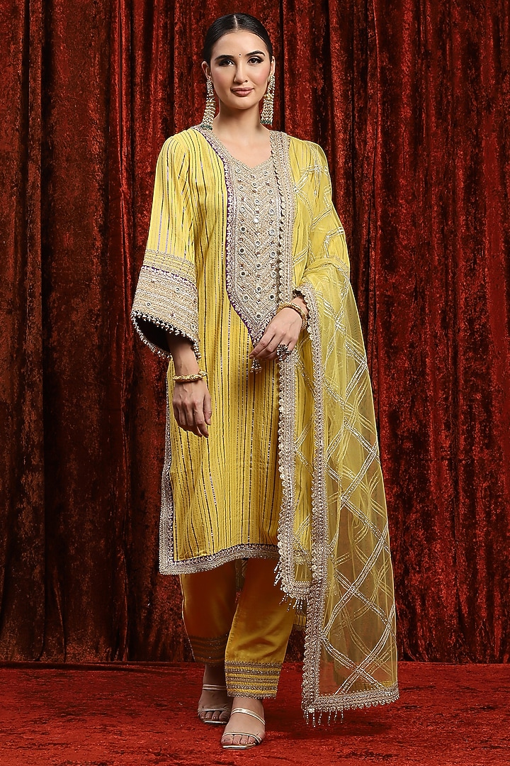 Lemon Yellow & Purple Cotton Shimmer Gota Work Kurta Set by Shikhar Sharma at Pernia's Pop Up Shop