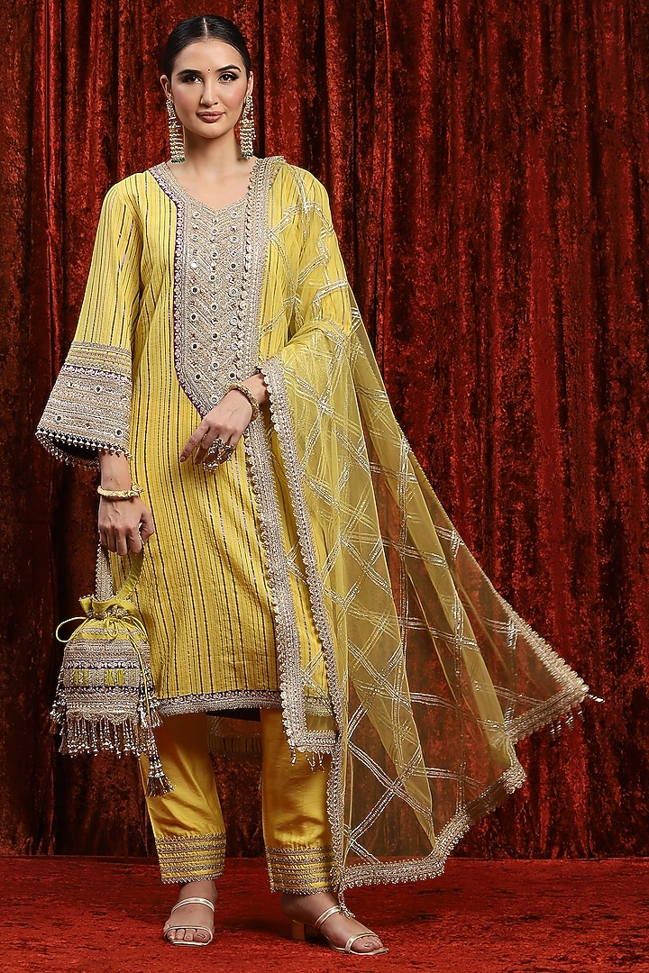 Lemon Yellow & Purple Cotton Shimmer Gota Work Kurta Set by Shikhar Sharma at Pernia's Pop Up Shop