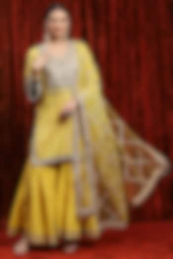 Lemon Yellow & Green Silk Chanderi Wedding Sharara Set by Shikhar Sharma at Pernia's Pop Up Shop