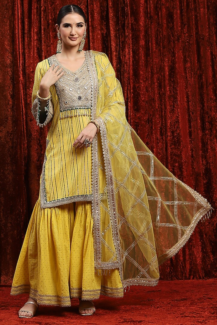 Lemon Yellow & Green Silk Chanderi Wedding Sharara Set by Shikhar Sharma at Pernia's Pop Up Shop