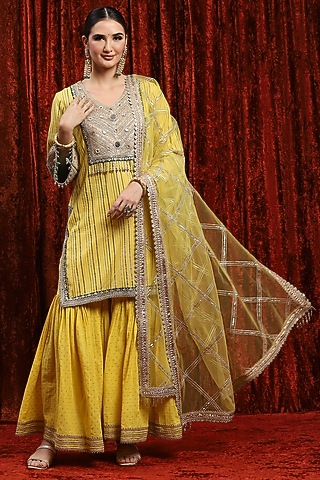 Lemon Yellow & Green Silk Chanderi Sharara Set by Shikhar Sharma