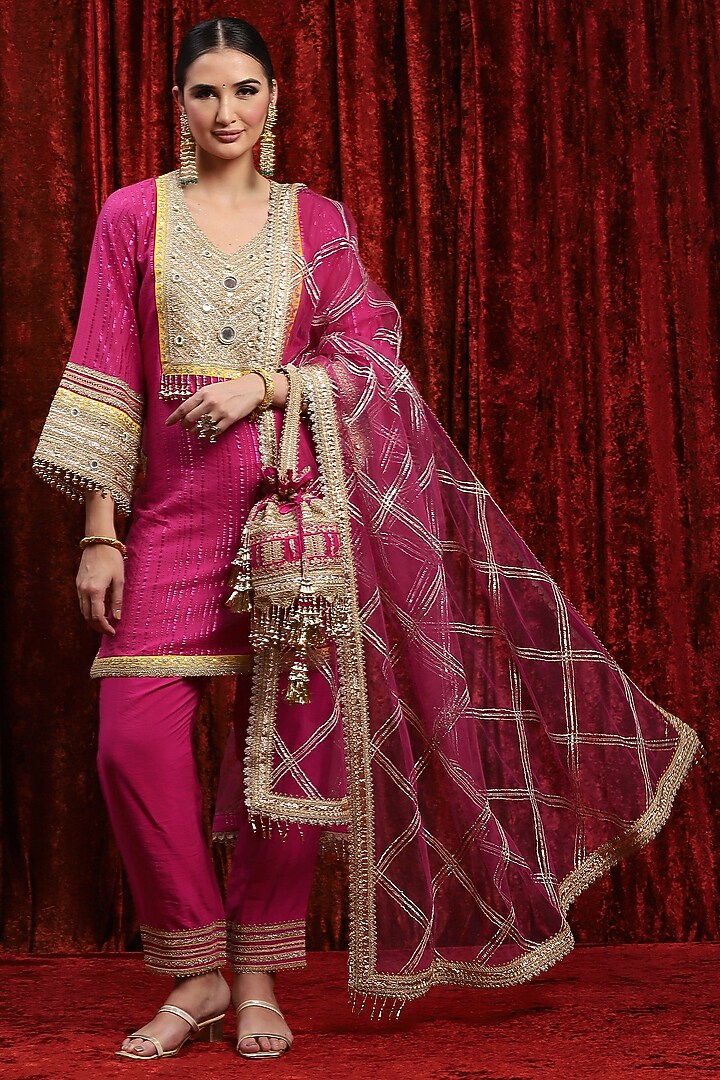 Rani Pink & Yellow Cotton Shimmer Gota Work Kurta Set by Shikhar Sharma at Pernia's Pop Up Shop
