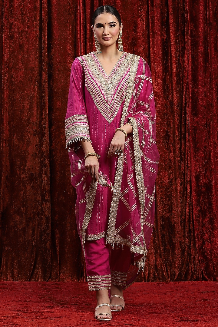 Rani Pink Cotton Shimmer Gota Work Kurta Set by Shikhar Sharma at Pernia's Pop Up Shop
