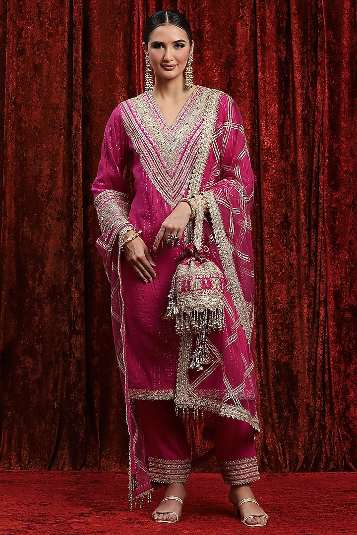 Rani Pink Cotton Shimmer Gota Work Kurta Set by Shikhar Sharma at Pernia's Pop Up Shop