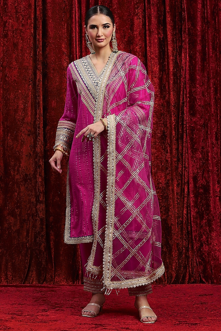 Rani Pink & Electric Blue Cotton Shimmer Gota Work Kurta Set by Shikhar Sharma at Pernia's Pop Up Shop