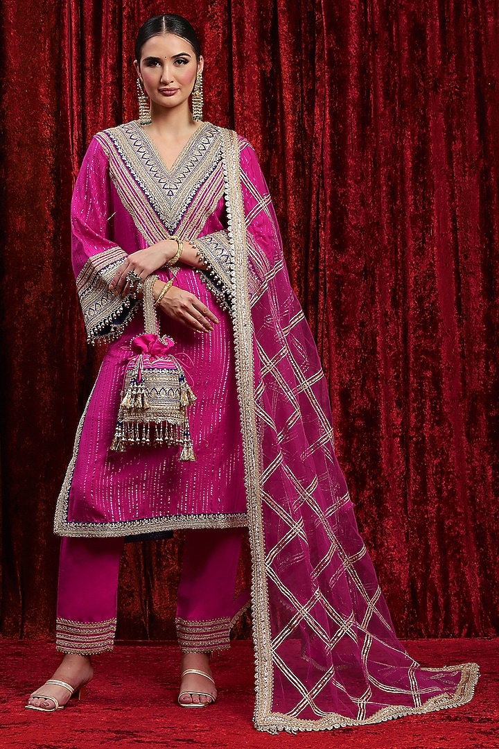 Rani Pink & Electric Blue Cotton Shimmer Gota Work Kurta Set by Shikhar Sharma at Pernia's Pop Up Shop