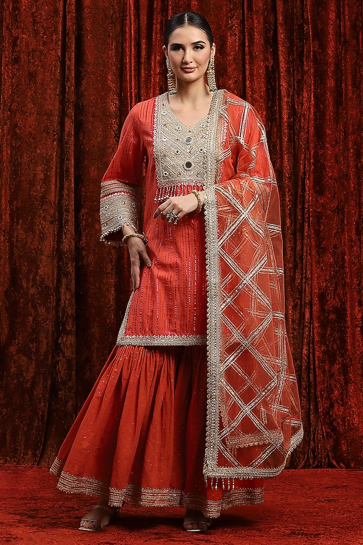 Orange Silk Chanderi & Cotton Blend  Wedding Shararara Set by Shikhar Sharma at Pernia's Pop Up Shop