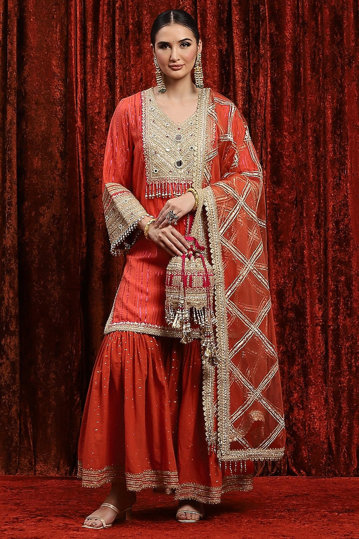 Orange Silk Chanderi & Cotton Blend Wedding Shararara Set by Shikhar Sharma at Pernia's Pop Up Shop