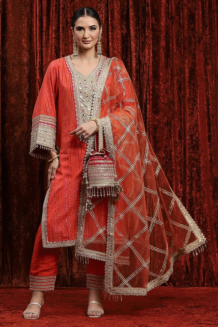 Orange & Rani Pink Cotton Shimmer Gota Embellished Kurta Set by Shikhar Sharma at Pernia's Pop Up Shop