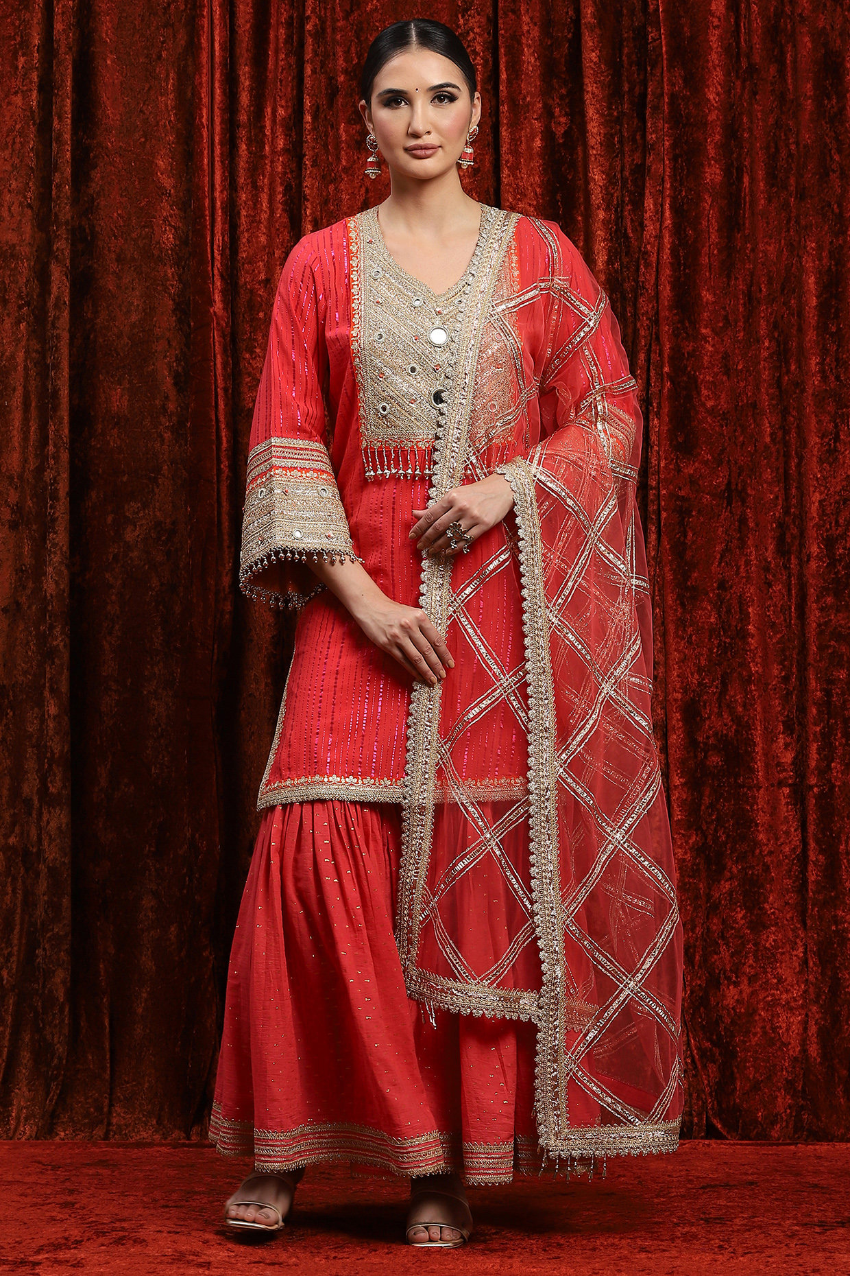 Watermelon Red Silk Chanderi & Cotton Party Wear Sharara Set by Shikhar Sharma at Pernia's Pop Up Shop