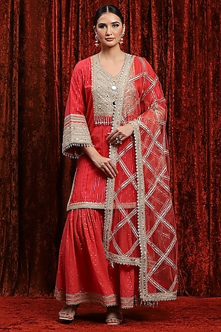 Watermelon Red Silk Chanderi & Cotton Sharara Set by Shikhar Sharma
