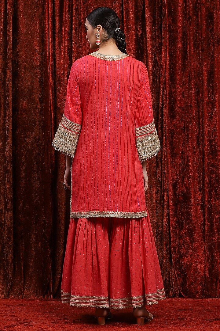Watermelon Red Silk Chanderi & Cotton Wedding Sharara Set by Shikhar Sharma at Pernia's Pop Up Shop
