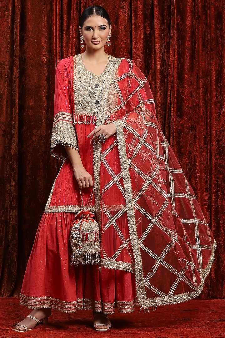 Watermelon Red Silk Chanderi & Cotton Wedding Sharara Set by Shikhar Sharma at Pernia's Pop Up Shop