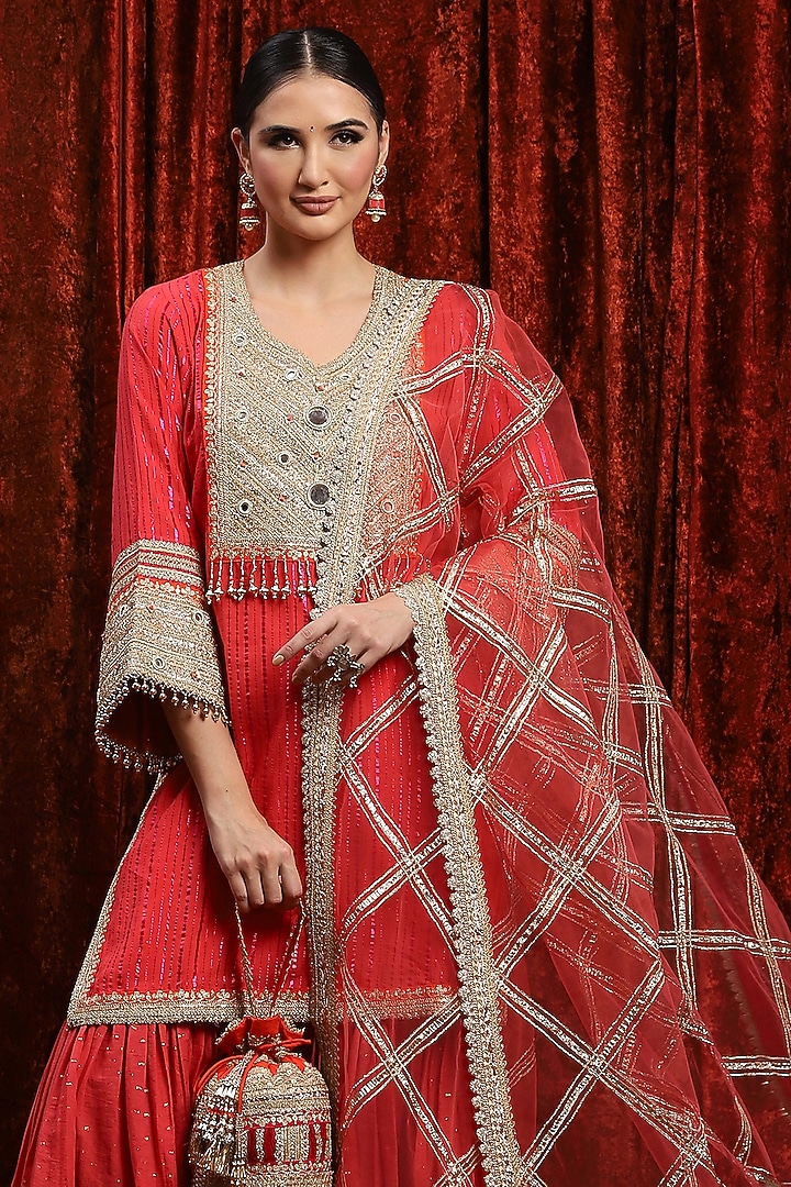 Watermelon Red Silk Chanderi & Cotton Wedding Sharara Set by Shikhar Sharma at Pernia's Pop Up Shop
