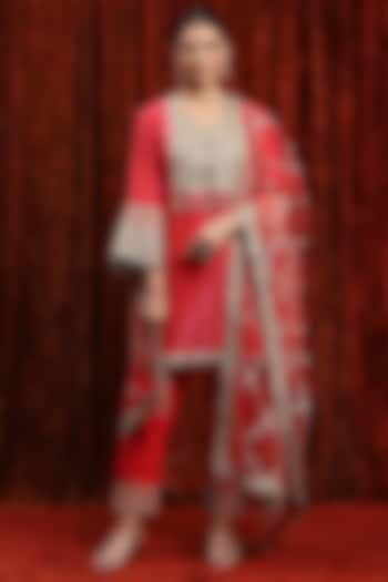 Watermelon Red & Rani Pink Cotton Shimmer Gota work Kurta Set by Shikhar Sharma at Pernia's Pop Up Shop