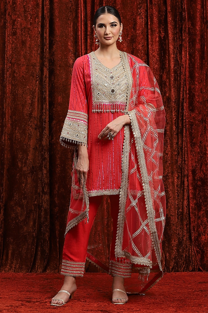 Watermelon Red & Rani Pink Cotton Shimmer Gota work Kurta Set by Shikhar Sharma at Pernia's Pop Up Shop