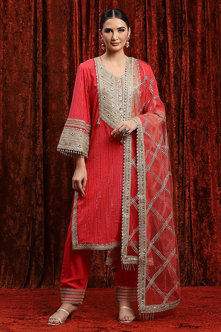 Red Cotton Shimmer Gota Work Kurta Set by Shikhar Sharma at Pernia's Pop Up Shop