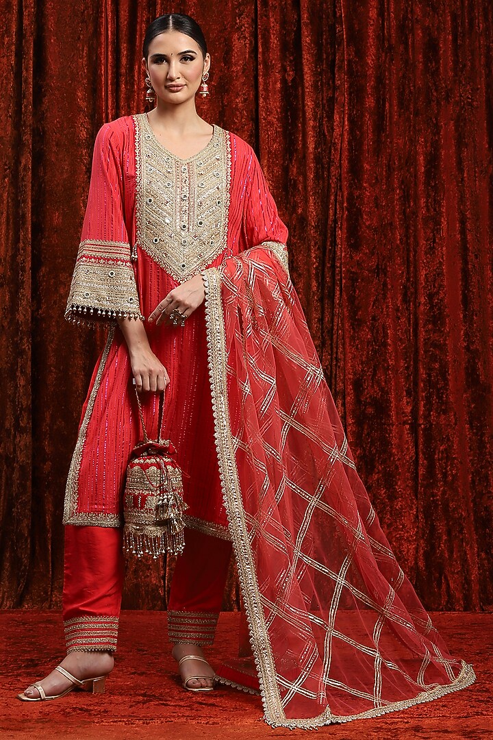 Red Cotton Shimmer Gota Work Kurta Set by Shikhar Sharma at Pernia's Pop Up Shop