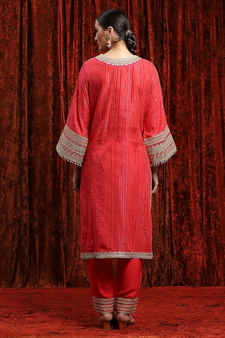 Watermelon Red & Rani Pink Cotton Shimmer Gota work Kurta Set by Shikhar Sharma at Pernia's Pop Up Shop