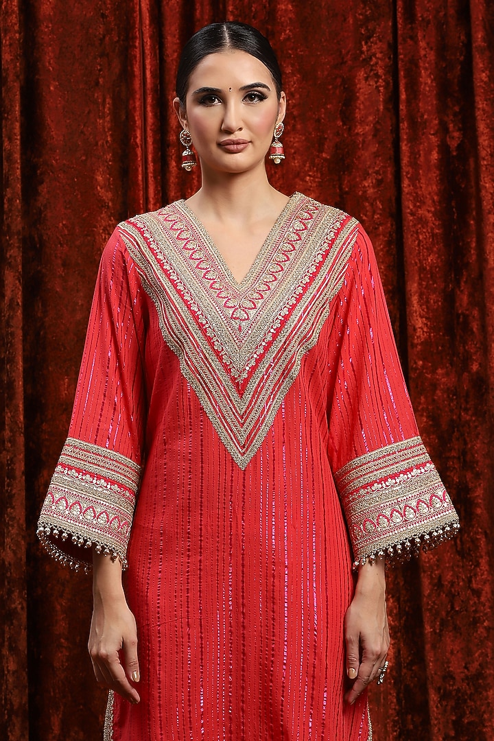 Watermelon Red & Rani Pink Cotton Shimmer Gota work Kurta Set by Shikhar Sharma at Pernia's Pop Up Shop