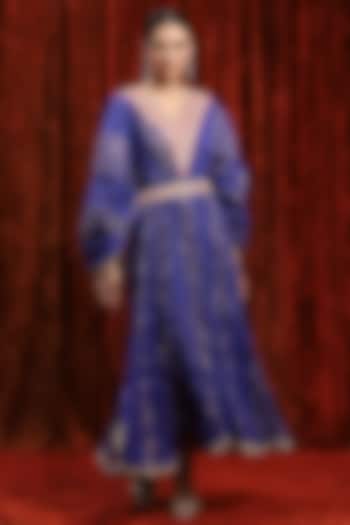 Electric Blue & Rani Pink Lurex Cotton Badla Work Kaftan With Belt by Shikhar Sharma at Pernia's Pop Up Shop