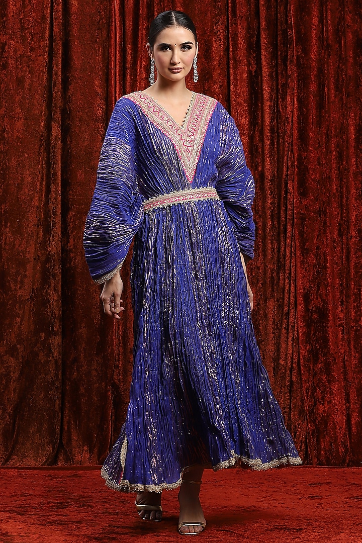 Electric Blue & Rani Pink Lurex Cotton Badla Work Kaftan With Belt by Shikhar Sharma at Pernia's Pop Up Shop