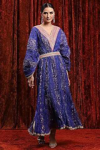 Electric Blue & Rani Pink Lurex Cotton Badla Work Kaftan With Belt by Shikhar Sharma