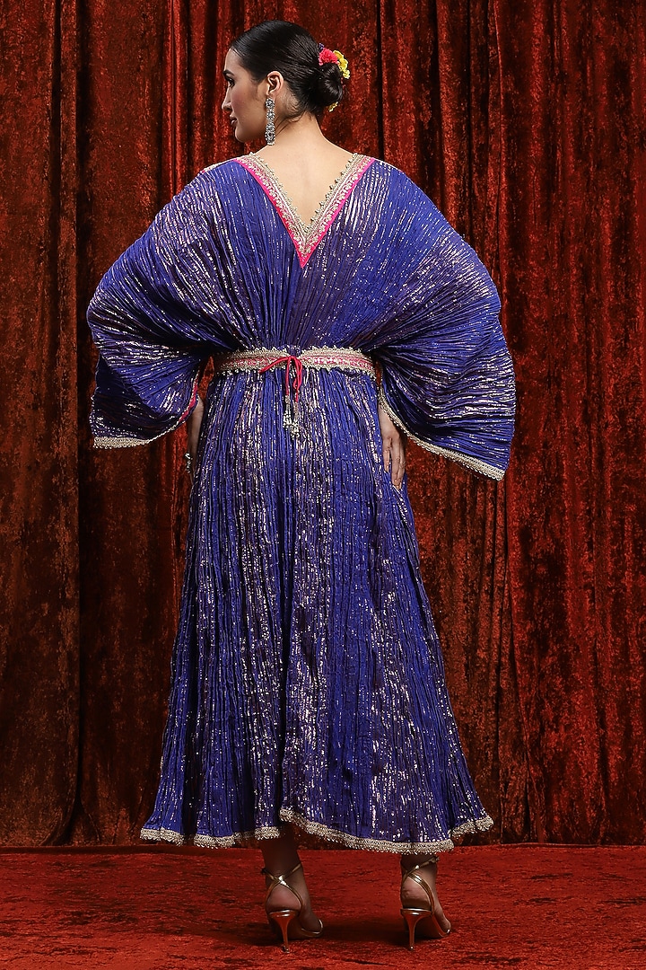 Electric Blue & Rani Pink Lurex Cotton Badla Work Kaftan With Belt by Shikhar Sharma at Pernia's Pop Up Shop