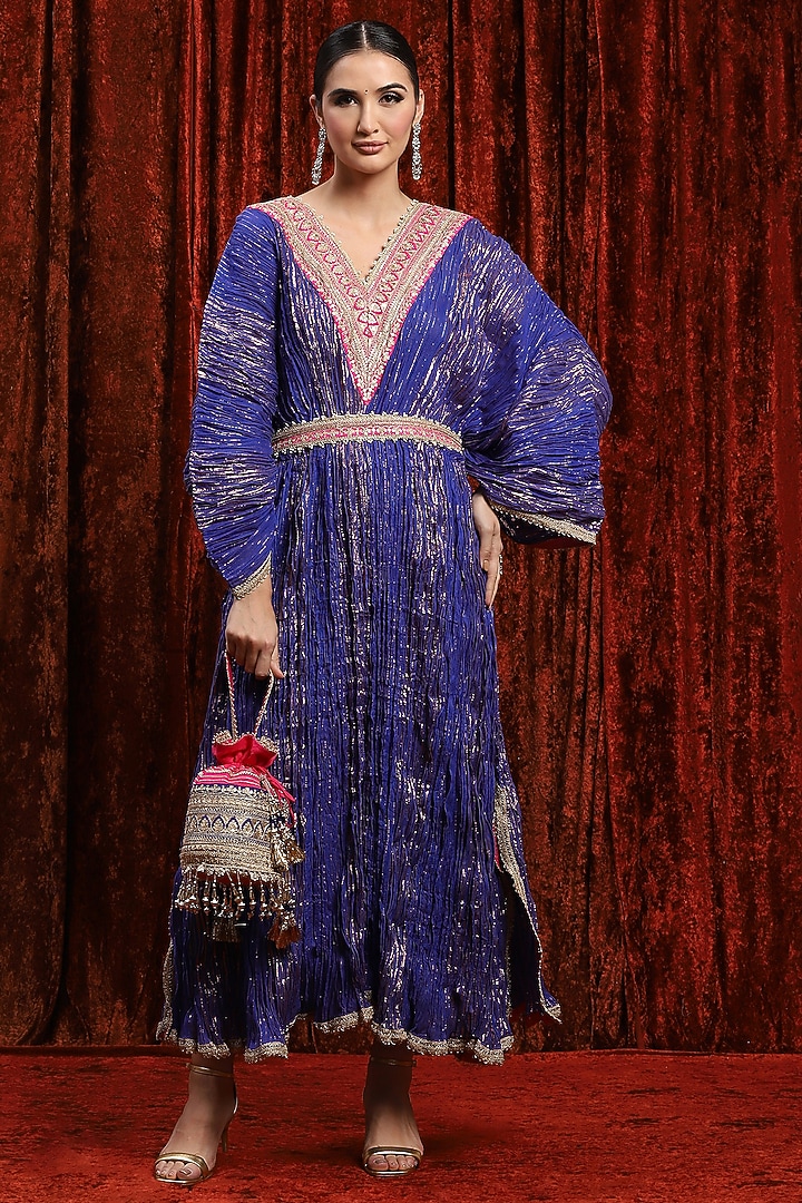 Electric Blue & Rani Pink Lurex Cotton Badla Work Kaftan With Belt by Shikhar Sharma at Pernia's Pop Up Shop